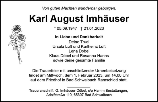 Traueranzeige von Karl August Imhäuser von Wiesbadener Kurier gesamt