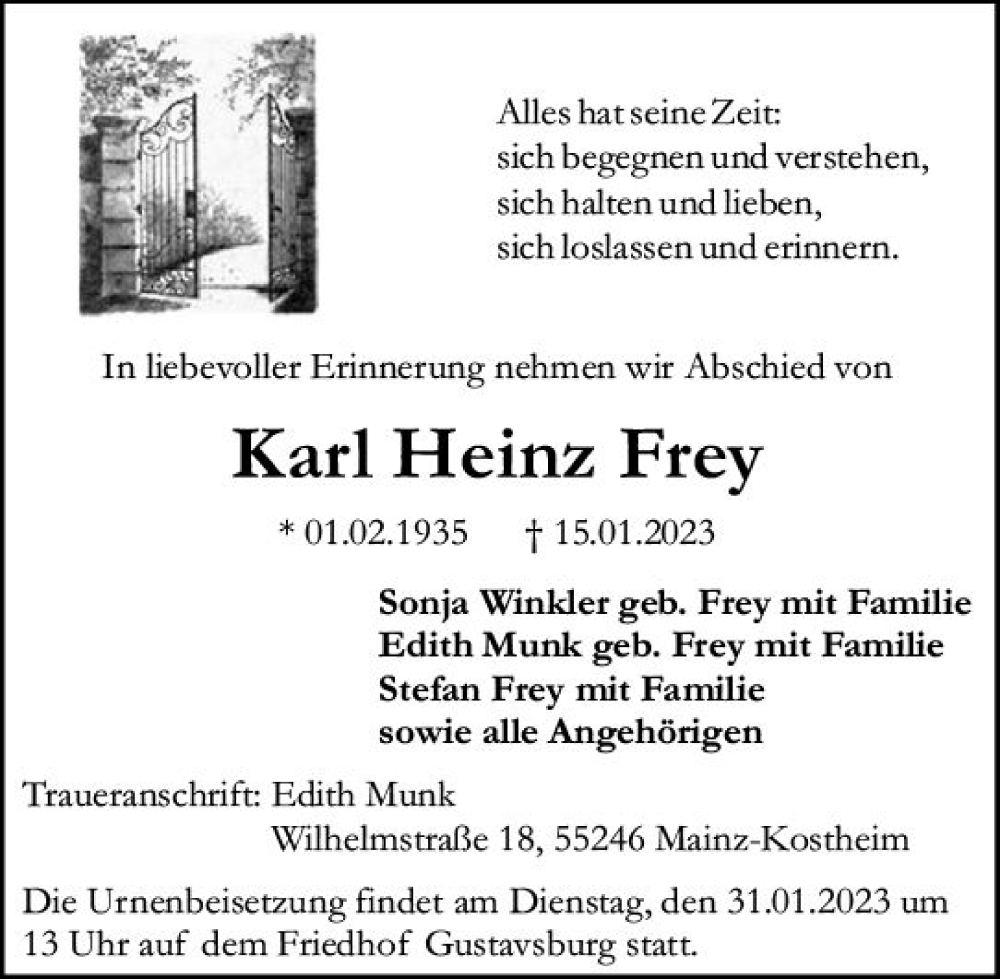  Traueranzeige für Karl Heinz Frey vom 28.01.2023 aus Allgemeine Zeitung Mainz
