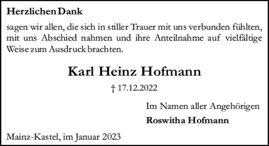Traueranzeige von Karl Heinz Hofmann von Allgemeine Zeitung Mainz