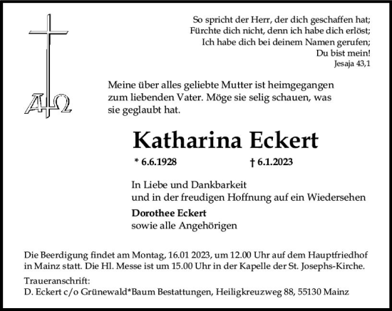 Traueranzeige von Katharina Eckert von Allgemeine Zeitung Mainz