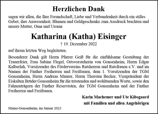 Traueranzeige von Katharina  Eisinger von Allgemeine Zeitung Mainz