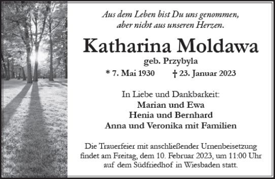 Traueranzeige von Katharina Moldawa von Wiesbadener Kurier gesamt