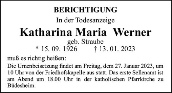 Traueranzeige von Katharina Maria Werner von Allgemeine Zeitung Ingelheim-Bingen