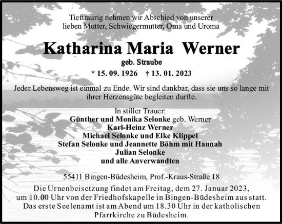 Traueranzeige von Katharina Maria Werner von Allgemeine Zeitung Ingelheim-Bingen