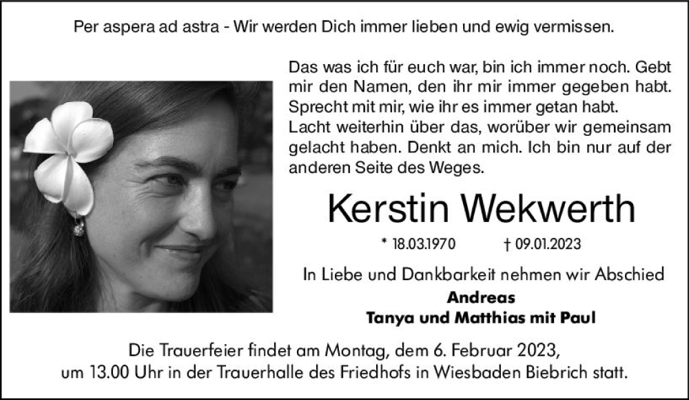  Traueranzeige für Kerstin Wekwerth vom 28.01.2023 aus Wiesbadener Kurier gesamt