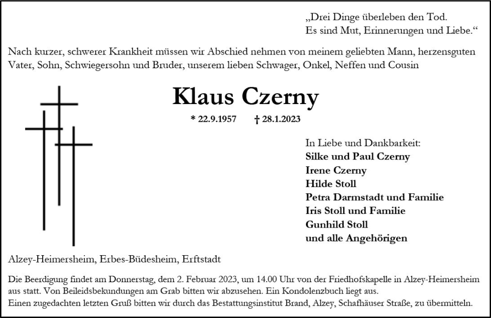  Traueranzeige für Klaus Czerny vom 31.01.2023 aus Allgemeine Zeitung Alzey