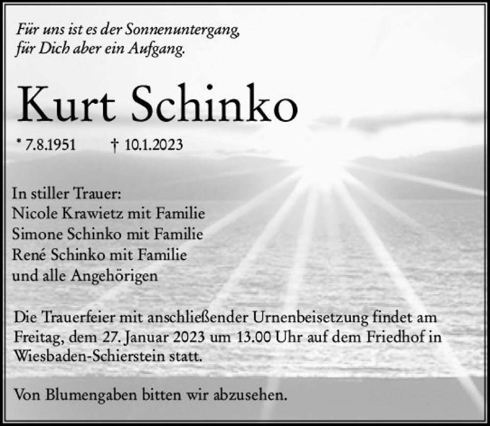  Traueranzeige für Kurt Schinko vom 21.01.2023 aus Wiesbadener Kurier gesamt