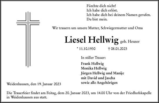 Traueranzeige von Liesel Hellwig von Hinterländer Anzeiger