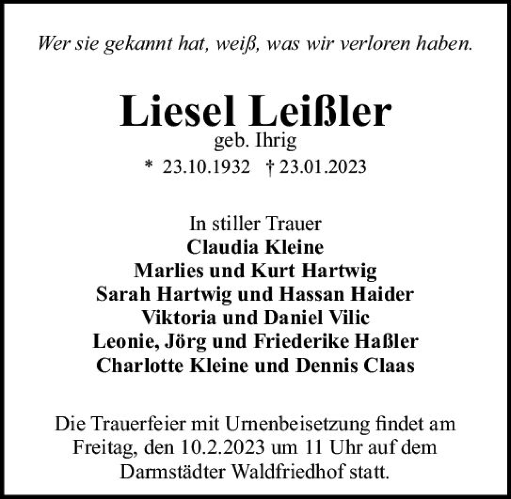  Traueranzeige für Liesel Leißler vom 28.01.2023 aus Odenwälder Echo