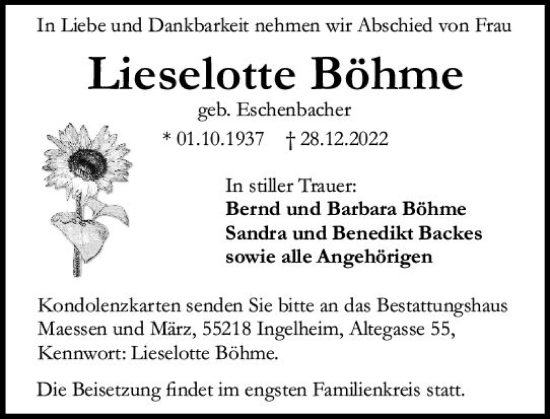 Traueranzeige von Lieselotte Böhme von Allgemeine Zeitung Mainz