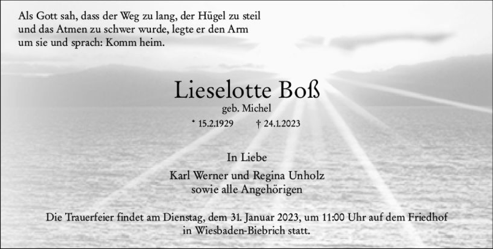  Traueranzeige für Lieselotte Boß vom 28.01.2023 aus Wiesbadener Kurier gesamt