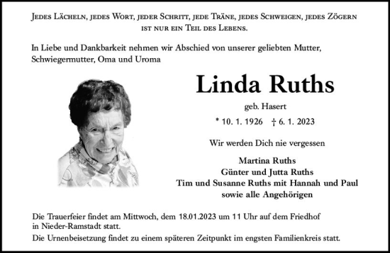 Traueranzeige von Linda Ruths von Darmstädter Echo