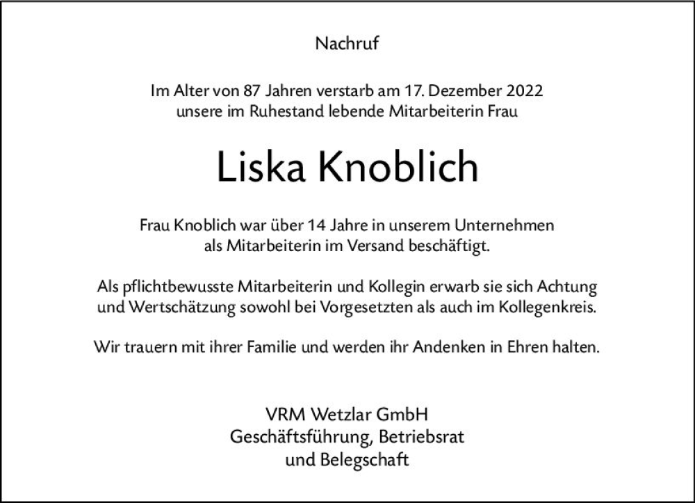  Traueranzeige für Liska Knoblich vom 18.01.2023 aus Wetzlarer Neue Zeitung