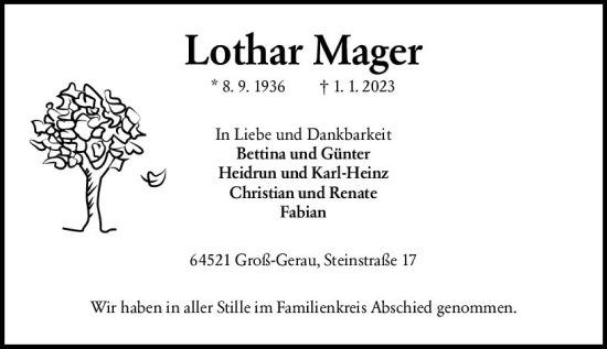 Traueranzeige von Lothar Mager von Groß-Gerauer Echo
