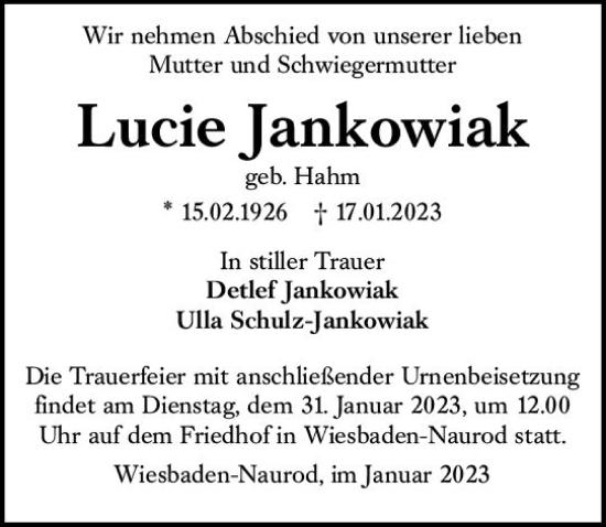 Traueranzeige von Lucie Jankowiak von Wiesbadener Kurier gesamt