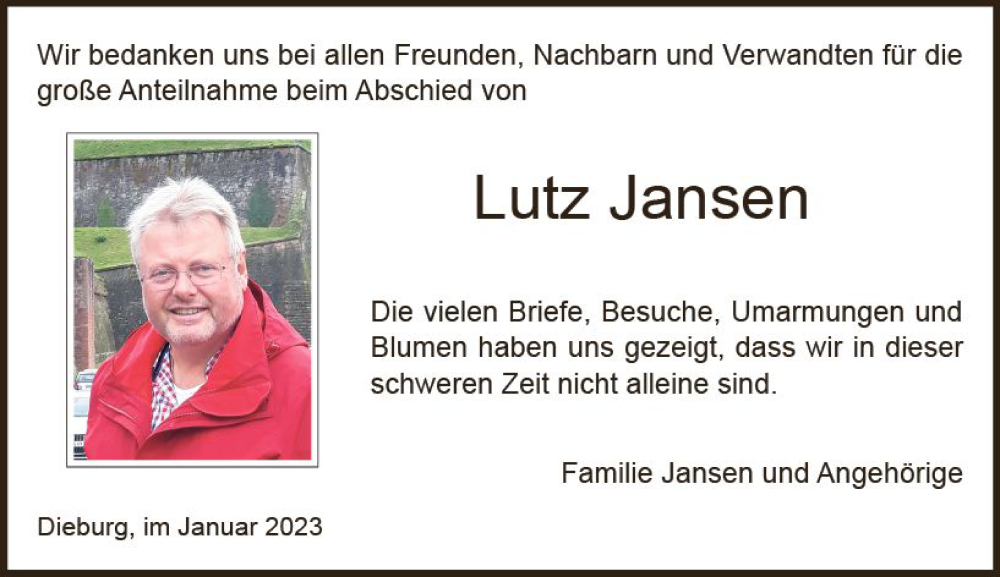  Traueranzeige für Lutz Jansen vom 28.01.2023 aus DieburgerAnzeiger/Groß-Zimmerner Lokalanzeiger