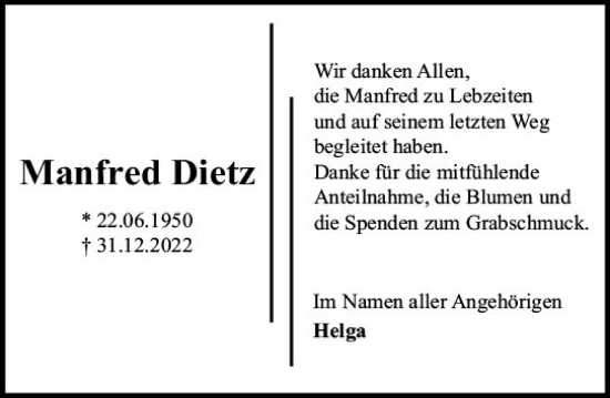 Traueranzeige von Manfred Dietz von Darmstädter Echo