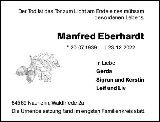 Traueranzeige von Manfred Eberhardt von Rüsselsheimer Echo