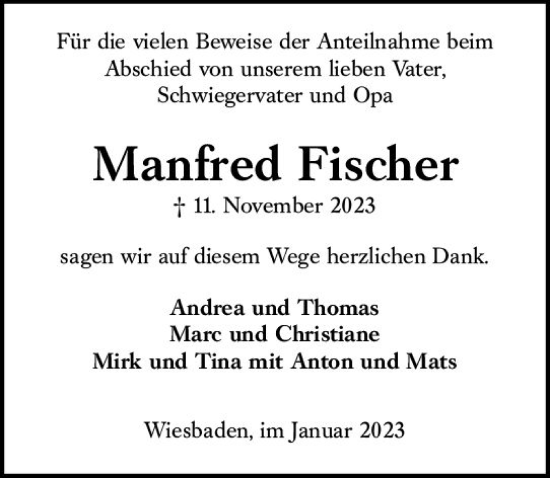 Traueranzeige von Manfred Fischer von Wiesbadener Kurier gesamt