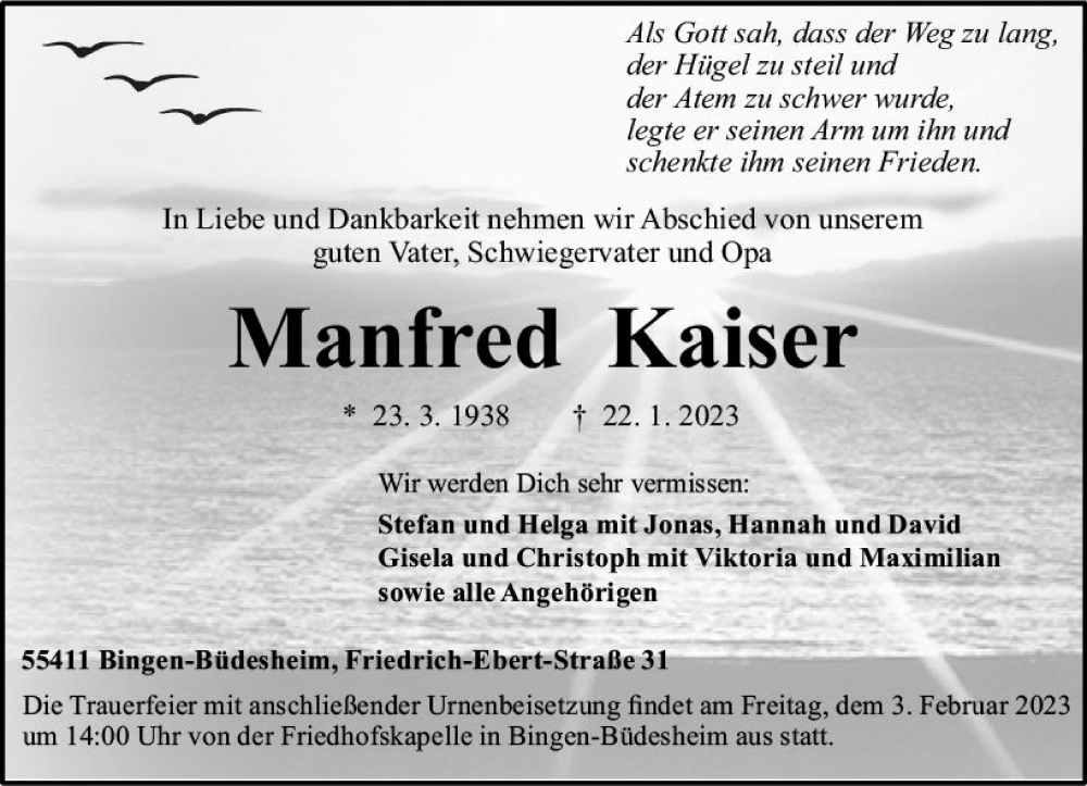  Traueranzeige für Manfred Kaiser vom 28.01.2023 aus Allgemeine Zeitung Ingelheim-Bingen