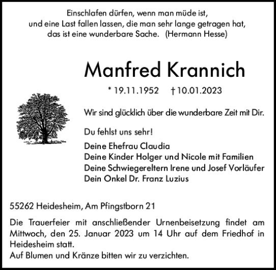 Traueranzeige von Manfred Krannich von Allgemeine Zeitung Mainz
