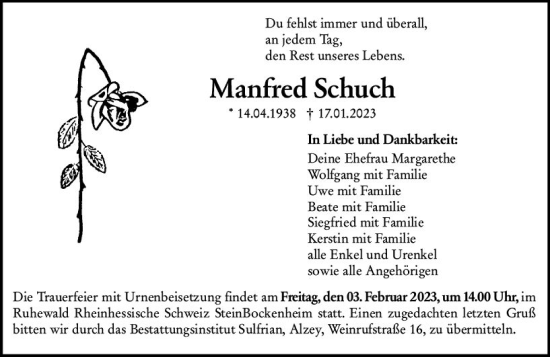 Traueranzeige von Manfred Schuch von Allgemeine Zeitung Alzey