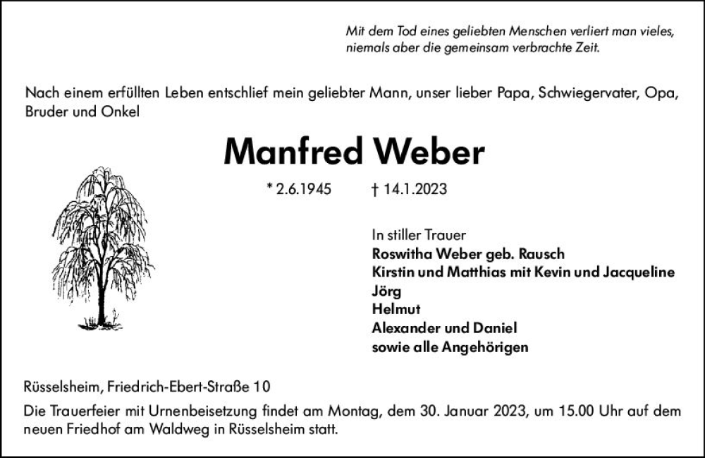  Traueranzeige für Manfred Weber vom 21.01.2023 aus Rüsselsheimer Echo