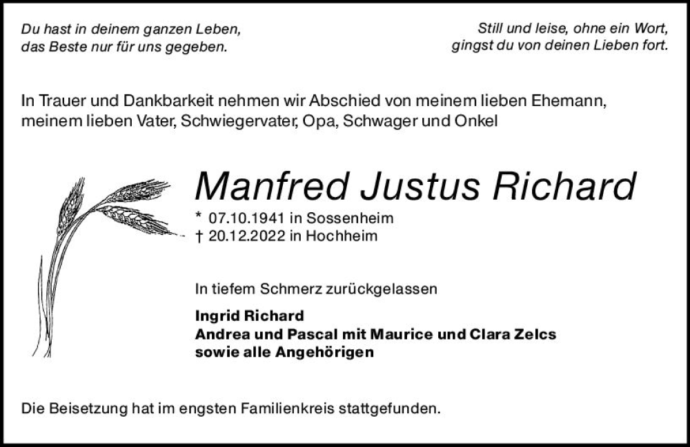  Traueranzeige für Manfred Justus Richard vom 13.01.2023 aus Hochheimer Zeitung