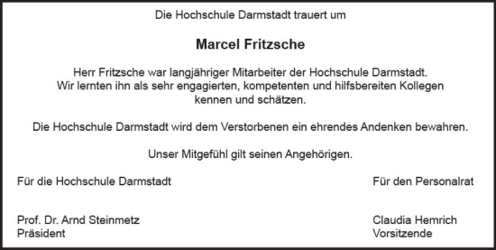 Traueranzeige von Marcel Fritzsche von Darmstädter Echo