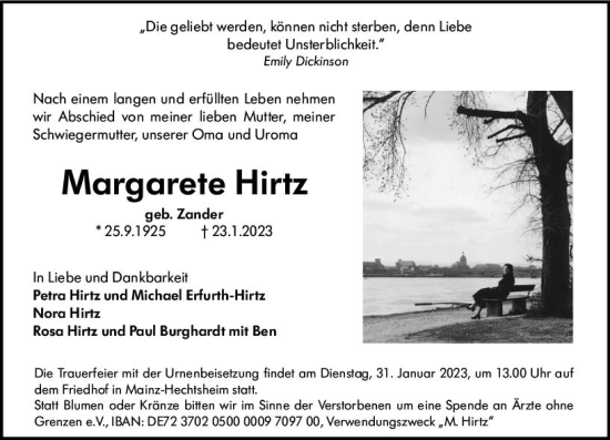 Traueranzeige von Margarete Hirtz von Allgemeine Zeitung Mainz