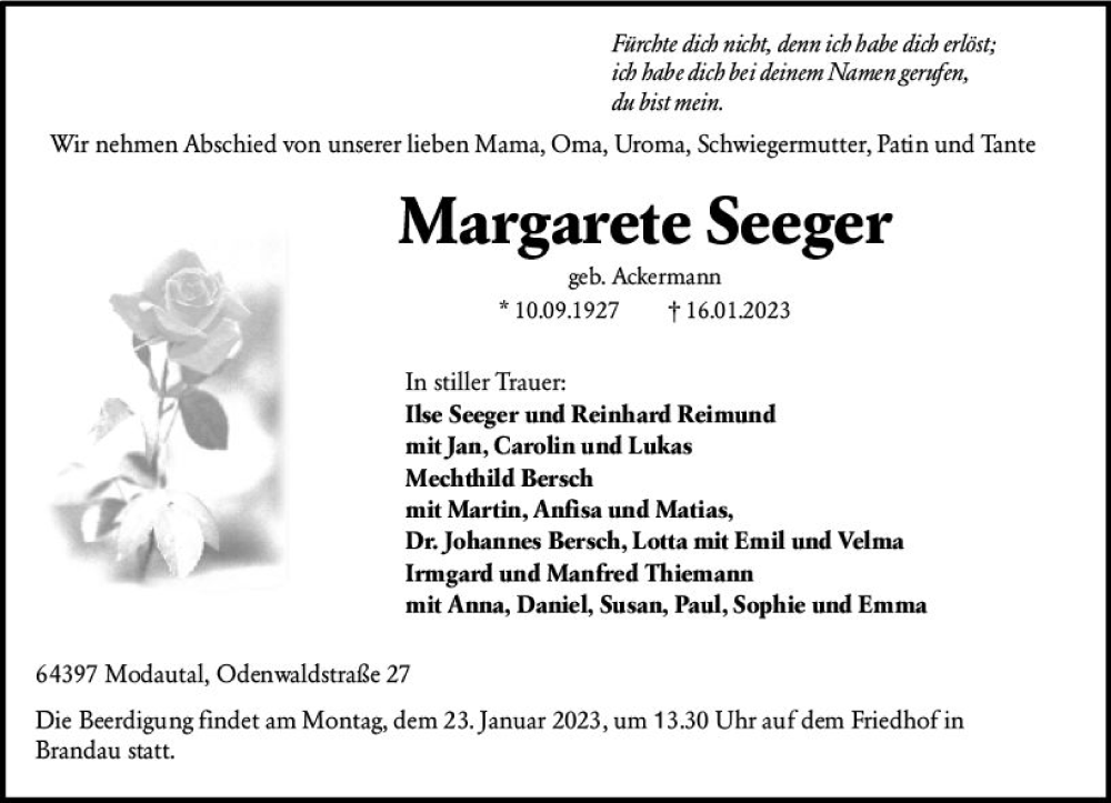  Traueranzeige für Margarete Seeger vom 20.01.2023 aus Darmstädter Echo
