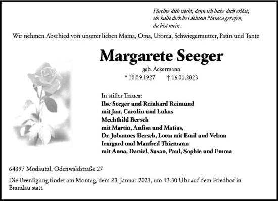 Traueranzeige von Margarete Seeger von Darmstädter Echo