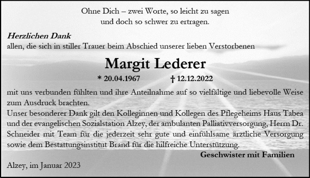  Traueranzeige für Margit Lederer vom 21.01.2023 aus Allgemeine Zeitung Alzey