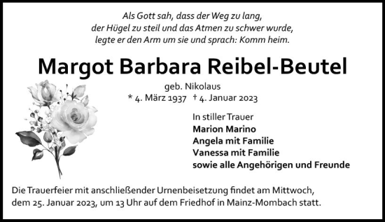 Traueranzeige von Margot Barbara Reibel-Beutel von Allgemeine Zeitung Mainz