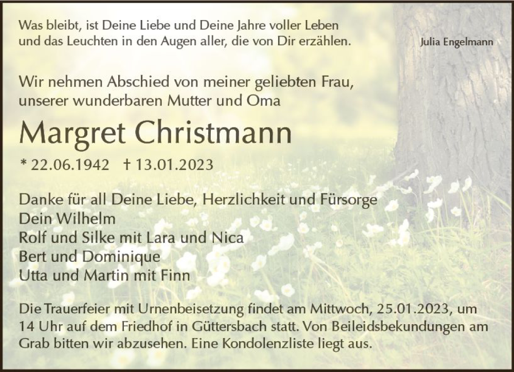  Traueranzeige für Margret Christmann vom 21.01.2023 aus Odenwälder Echo