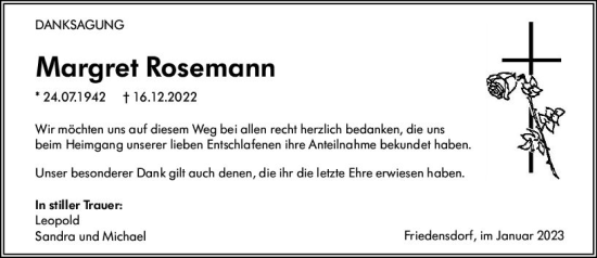 Traueranzeige von Margret Rosemann von Hinterländer Anzeiger