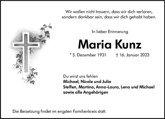 Traueranzeige von Maria Kunz von Wiesbadener Kurier gesamt