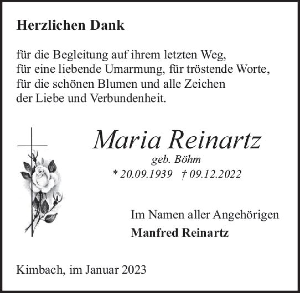  Traueranzeige für Maria Reinartz vom 14.01.2023 aus Odenwälder Echo