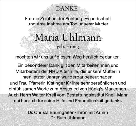 Traueranzeige von Maria Uhlmann von Darmstädter Echo