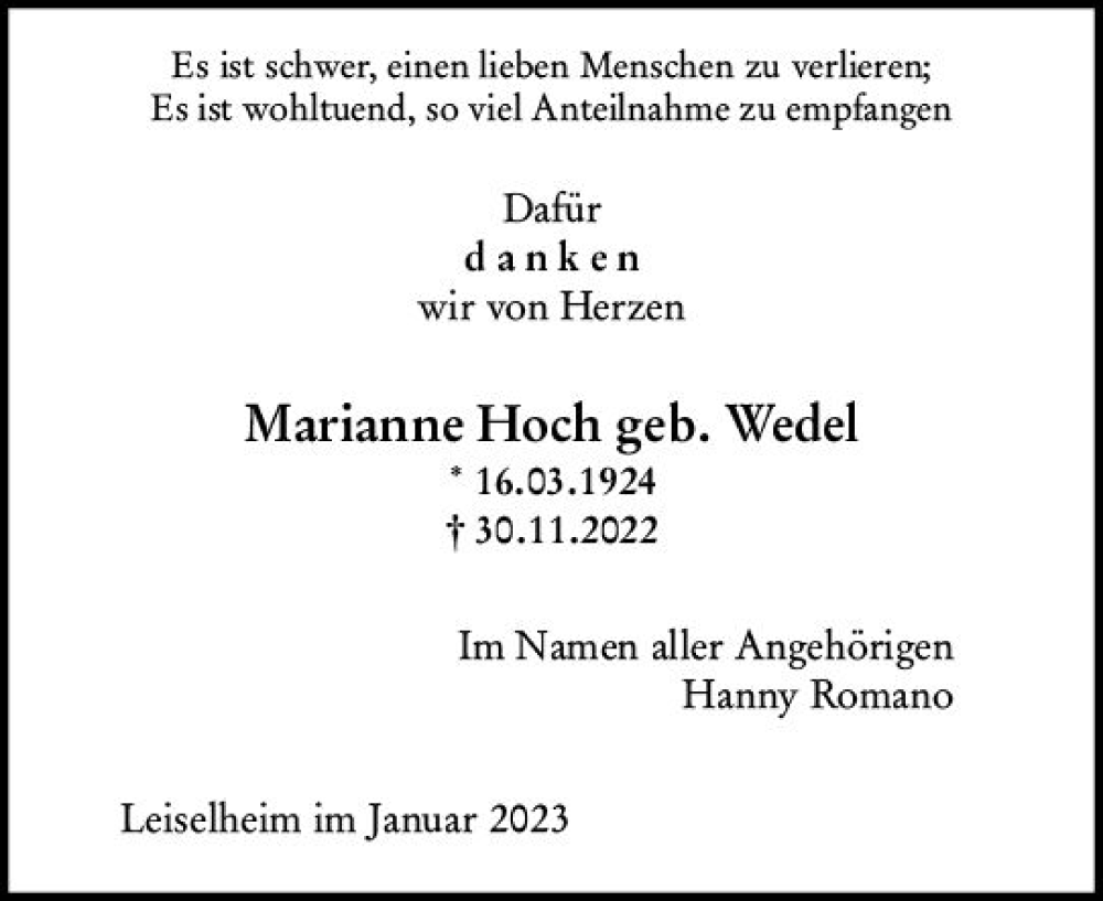  Traueranzeige für Marianne Hoch vom 14.01.2023 aus Wormser Zeitung