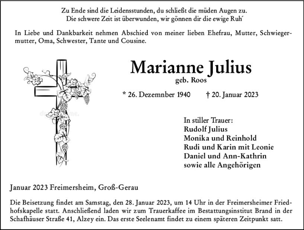  Traueranzeige für Marianne Julius vom 25.01.2023 aus Allgemeine Zeitung Alzey