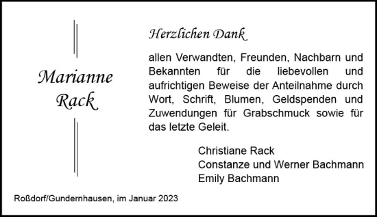 Traueranzeige von Marianne Rack von DieburgerAnzeiger/Groß-Zimmerner Lokalanzeiger