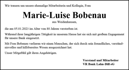 Traueranzeige von Marie-Luise Bobenau von Hinterländer Anzeiger