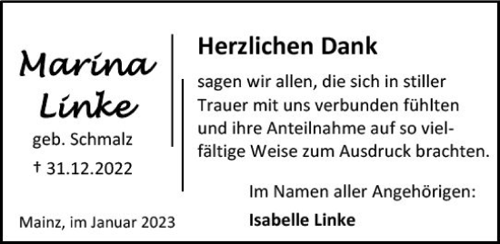 Traueranzeige von Marina Linke von Allgemeine Zeitung Mainz