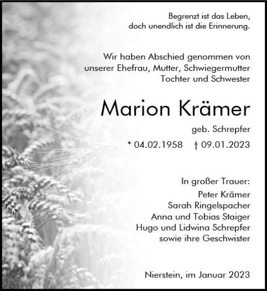 Traueranzeige von Marion Krämer von Allgemeine Zeitung Mainz