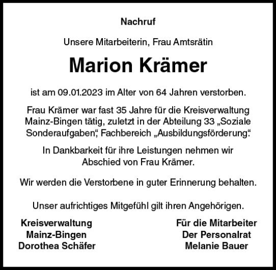 Traueranzeige von Marion Krämer von Allgemeine Zeitung Ingelheim-Bingen