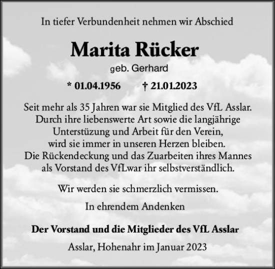 Traueranzeige von Marita Rücker von Wetzlarer Neue Zeitung