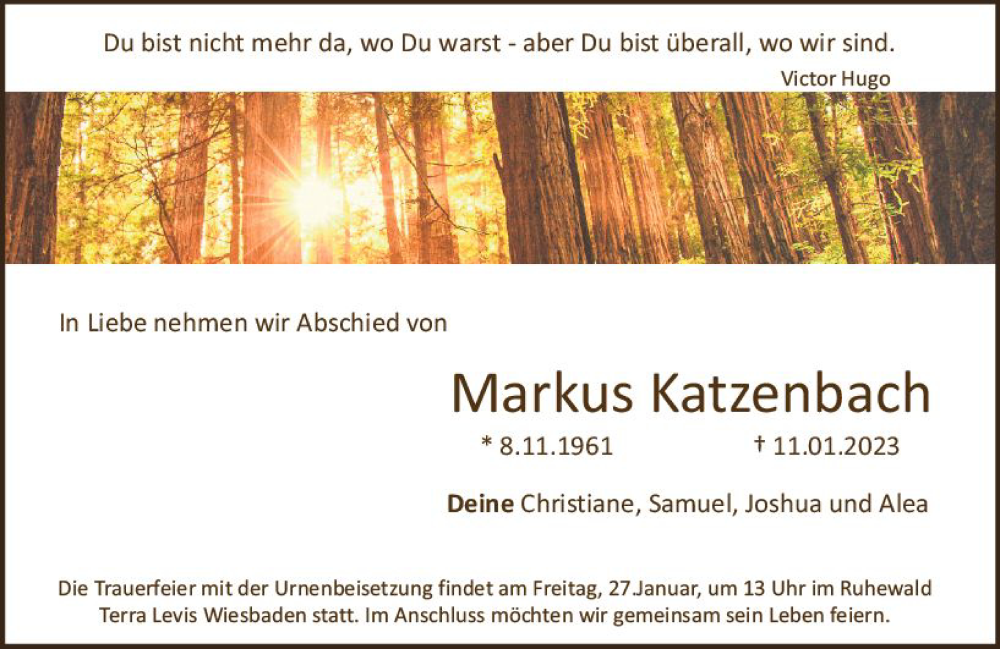  Traueranzeige für Markus Katzenbach vom 21.01.2023 aus Wiesbadener Kurier gesamt