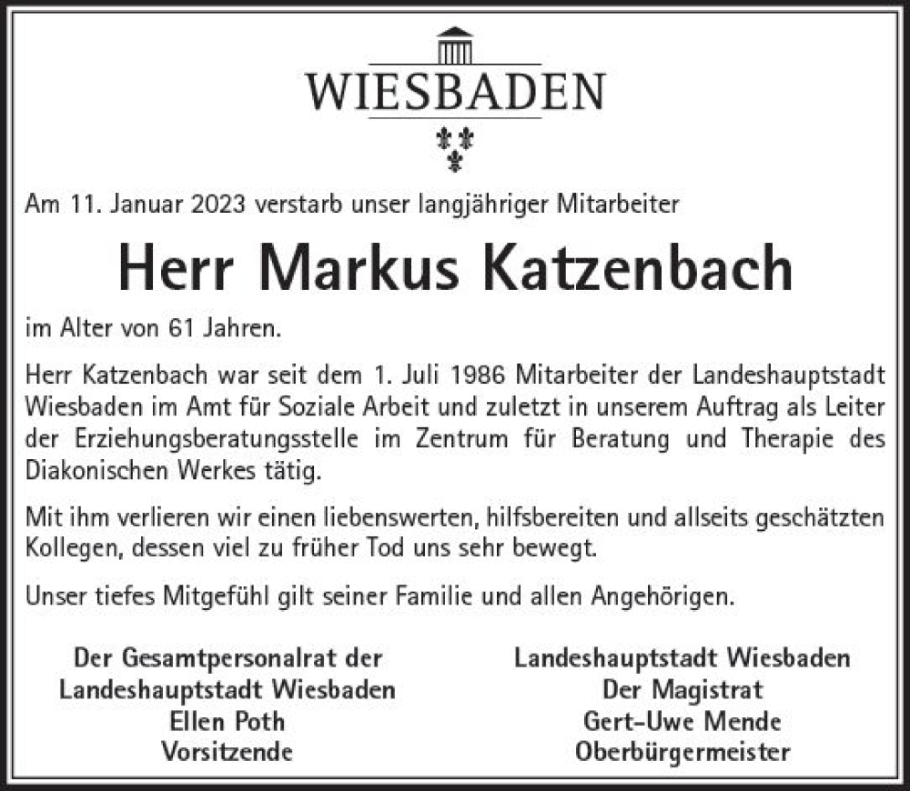  Traueranzeige für Markus Katzenbach vom 28.01.2023 aus Wiesbadener Kurier gesamt