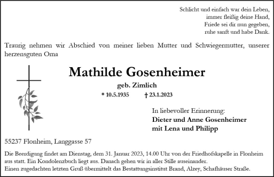 Traueranzeige von Mathilde Gosenheimer von Allgemeine Zeitung Alzey